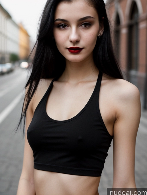 related ai porn images free for Small Tits Beautiful Skinny 18 Black Hair Straight Russian Street Close-up View Goth Tank Top Lipstick