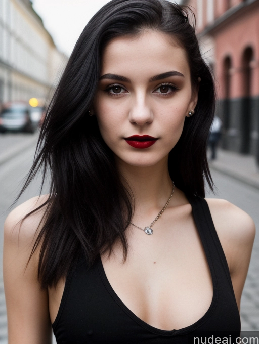 ai nude image of arafed woman with black hair and red lipstick posing for a picture pics of Small Tits Beautiful Skinny 18 Black Hair Straight Russian Street Close-up View Goth Tank Top Lipstick