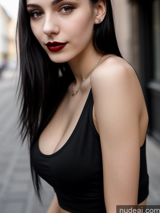 related ai porn images free for Small Tits Beautiful Skinny 18 Black Hair Straight Russian Street Close-up View Goth Tank Top Lipstick