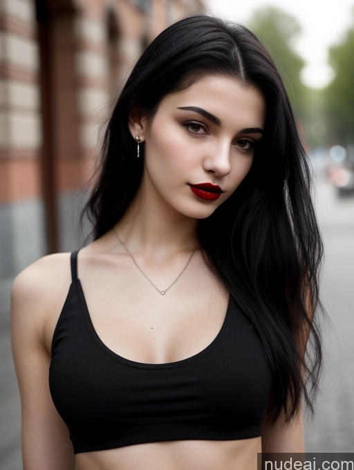 ai nude image of arafed woman with long black hair and a black bra top pics of Small Tits Beautiful Skinny 18 Black Hair Straight Russian Street Close-up View Goth Tank Top Lipstick