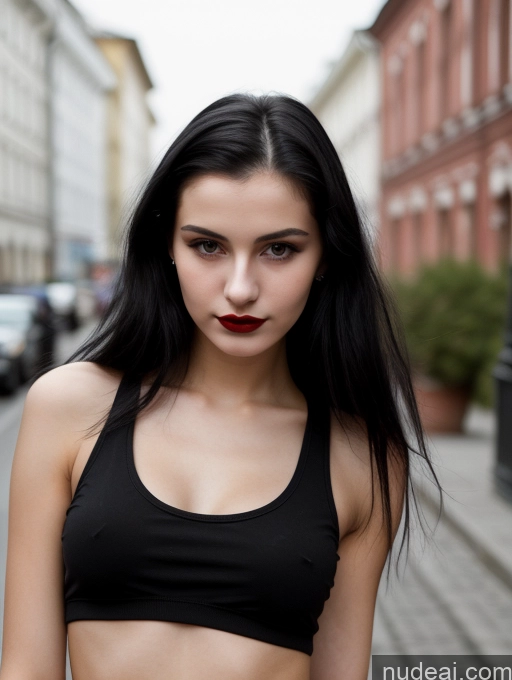 ai nude image of arafed woman with black hair and a black bra top pics of Small Tits Beautiful Skinny 18 Black Hair Straight Russian Street Close-up View Goth Tank Top Lipstick