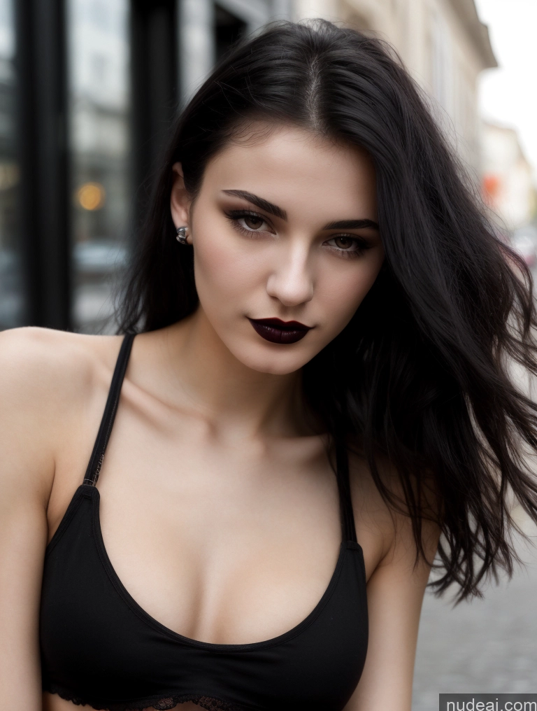 ai nude image of arafed woman with black lipstick and black bra top posing for a picture pics of Small Tits Beautiful Skinny 18 Black Hair Straight Russian Street Close-up View Goth Tank Top Lipstick