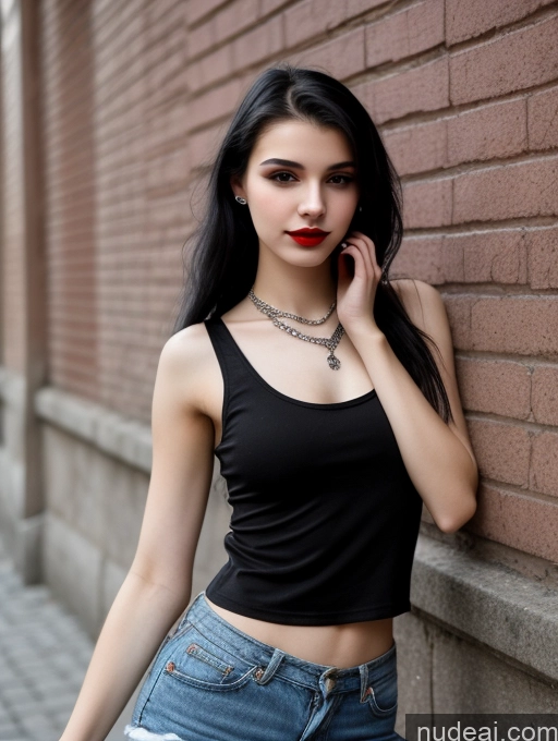 ai nude image of arafed woman leaning against a brick wall with a cell phone pics of Small Tits Beautiful Skinny 18 Black Hair Straight Russian Street Close-up View Goth Tank Top Lipstick