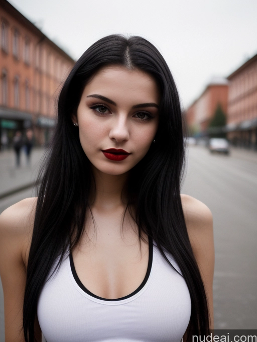 ai nude image of arafed woman with long black hair and red lipstick standing in the middle of a street pics of Small Tits Beautiful Skinny 18 Black Hair Straight Russian Street Close-up View Goth Tank Top Lipstick