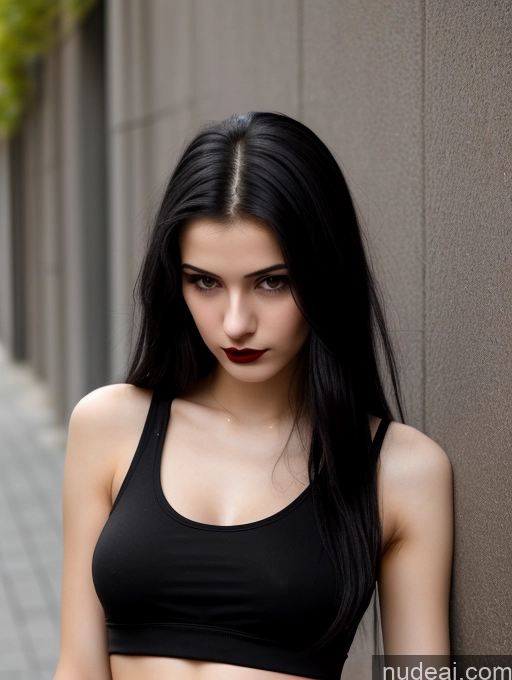 ai nude image of arafed woman in black top leaning against a wall pics of Small Tits Beautiful Skinny 18 Black Hair Straight Russian Street Close-up View Goth Tank Top Lipstick