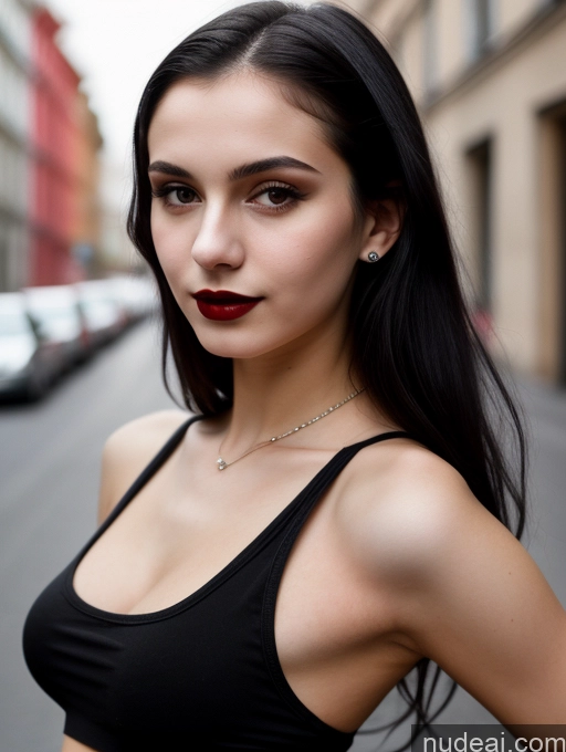 ai nude image of arafed woman with black hair and a black top posing for a picture pics of Small Tits Beautiful Skinny 18 Black Hair Straight Russian Street Close-up View Goth Tank Top Lipstick