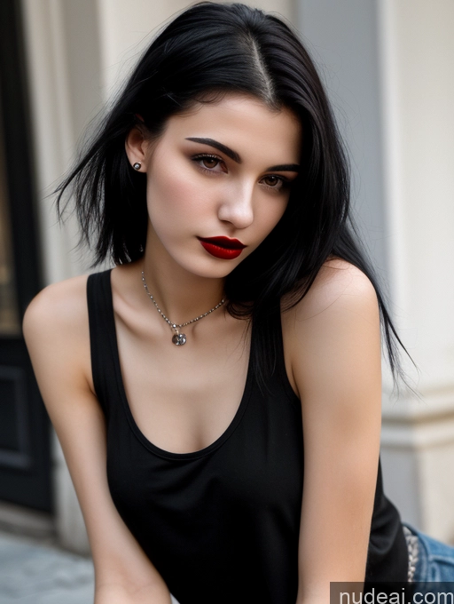 related ai porn images free for Small Tits Beautiful Skinny 18 Black Hair Straight Russian Street Close-up View Goth Tank Top Lipstick