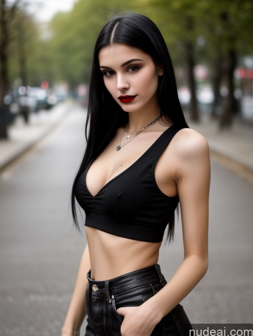 ai nude image of arafed woman in a black top and leather pants posing for a picture pics of Small Tits Beautiful Skinny 18 Black Hair Straight Russian Street Close-up View Goth Tank Top Lipstick