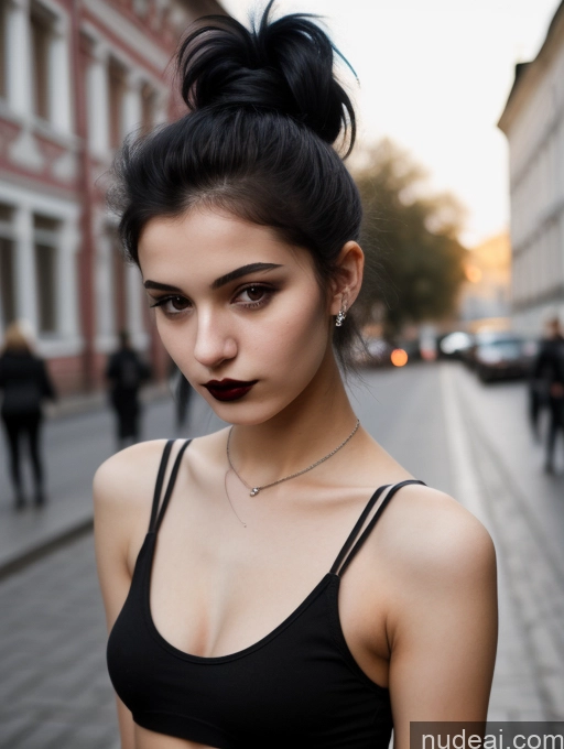 ai nude image of arafed woman with a black top and a black bra top pics of Small Tits Beautiful Skinny 18 Black Hair Straight Russian Street Close-up View Goth Tank Top Lipstick