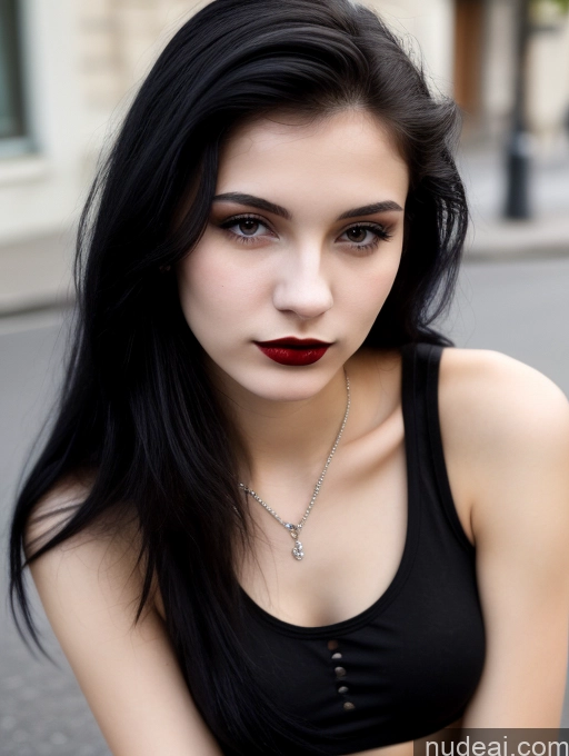 ai nude image of arafed woman with black hair and a black top posing for a picture pics of Small Tits Beautiful Skinny 18 Black Hair Straight Russian Street Close-up View Goth Tank Top Lipstick