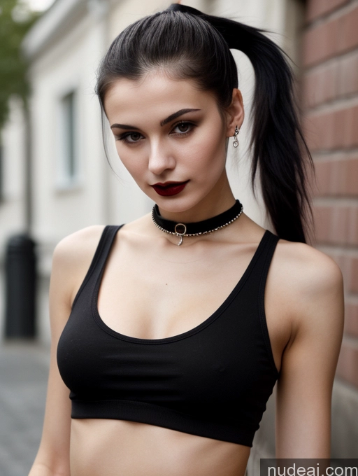 ai nude image of arafed woman with a black top and a black choke pics of Small Tits Beautiful Skinny 18 Black Hair Russian Street Close-up View Goth Tank Top Lipstick Ponytail