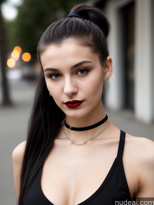 ai nude image of arafed woman with a black top and a black choker pics of Small Tits Beautiful Skinny 18 Black Hair Russian Street Close-up View Goth Tank Top Lipstick Ponytail