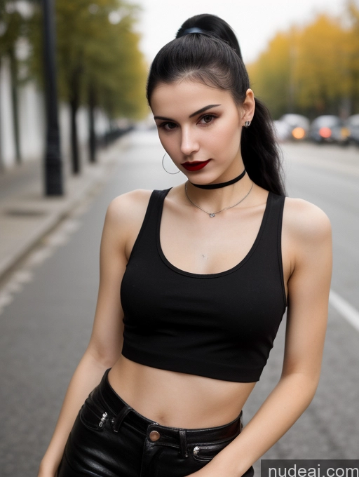 ai nude image of there is a woman standing on the side of the road pics of Small Tits Beautiful Skinny 18 Black Hair Russian Street Close-up View Goth Tank Top Lipstick Ponytail