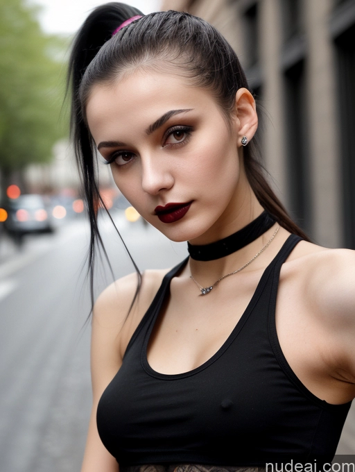 ai nude image of there is a woman with a black top and a black choker pics of Small Tits Beautiful Skinny 18 Black Hair Russian Street Close-up View Goth Tank Top Lipstick Ponytail