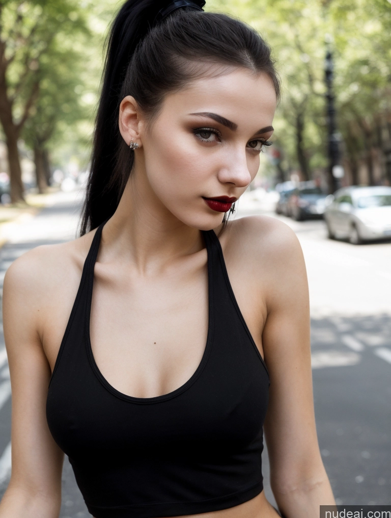 ai nude image of arafed woman with a black top and red lipstick on a street pics of Small Tits Beautiful Skinny 18 Black Hair Russian Street Close-up View Goth Tank Top Lipstick Ponytail