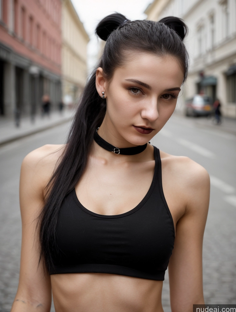 ai nude image of arafed woman with a black top and a choke on her neck pics of Small Tits Beautiful Skinny 18 Black Hair Russian Street Close-up View Goth Tank Top Ponytail