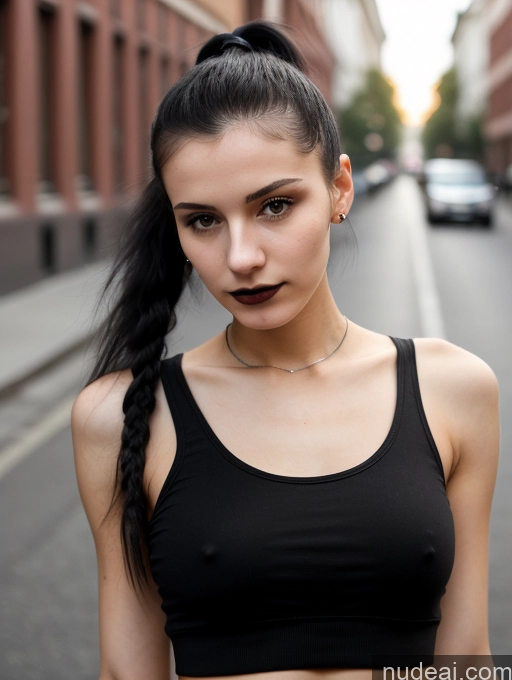 ai nude image of there is a woman with a ponytail in a black top pics of Small Tits Beautiful Skinny 18 Black Hair Russian Street Close-up View Goth Tank Top Ponytail