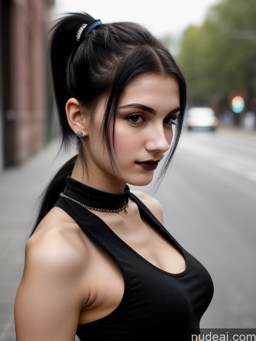 ai nude image of there is a woman with a black top and a black choker pics of Small Tits Beautiful Skinny 18 Black Hair Russian Street Close-up View Goth Tank Top Ponytail