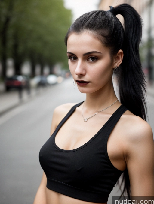 ai nude image of there is a woman with a ponytail in a black top pics of Small Tits Beautiful Skinny 18 Black Hair Russian Street Close-up View Goth Tank Top Ponytail