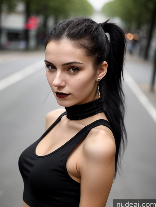 ai nude image of arafed woman with a black top and a black choker pics of Small Tits Beautiful Skinny 18 Black Hair Russian Street Close-up View Goth Tank Top Ponytail