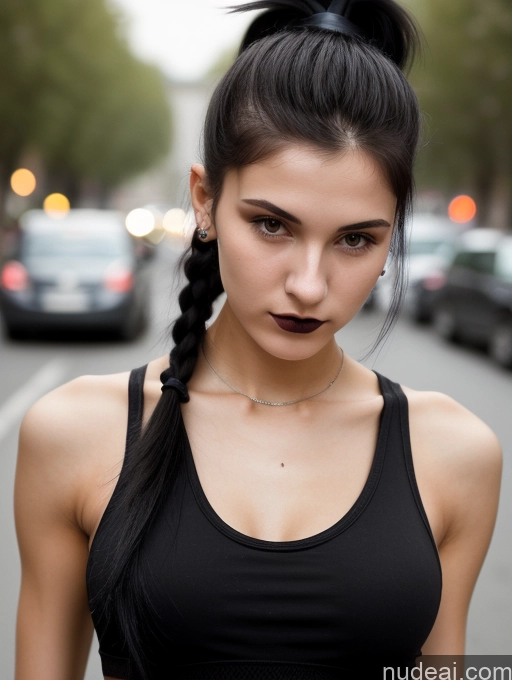 ai nude image of arafed woman with a ponytail in a black top and a black top pics of Small Tits Beautiful Skinny 18 Black Hair Russian Street Close-up View Goth Tank Top Ponytail