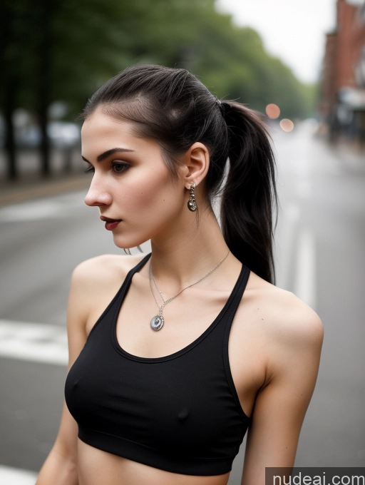 ai nude image of arafed woman with a ponytail in a black sports bra top pics of Small Tits Beautiful Skinny 18 Black Hair Russian Street Close-up View Goth Tank Top Ponytail