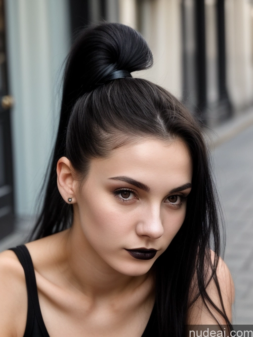 ai nude image of arafed woman with black lipstick and a black top pics of Small Tits Beautiful Skinny 18 Black Hair Russian Street Close-up View Goth Tank Top Ponytail