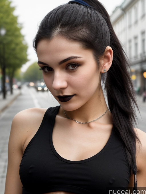 ai nude image of arafed woman with black lipstick and a black top on a city street pics of Small Tits Beautiful Skinny 18 Black Hair Russian Street Close-up View Goth Tank Top Ponytail