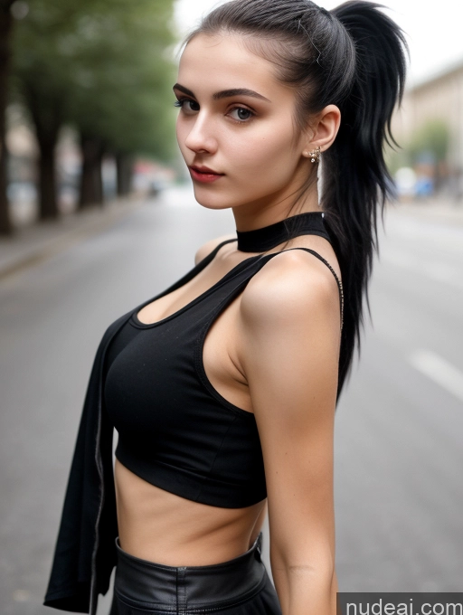 ai nude image of arafed woman with a ponytail and a black top on a street pics of Small Tits Beautiful Skinny 18 Black Hair Russian Street Close-up View Goth Tank Top Ponytail