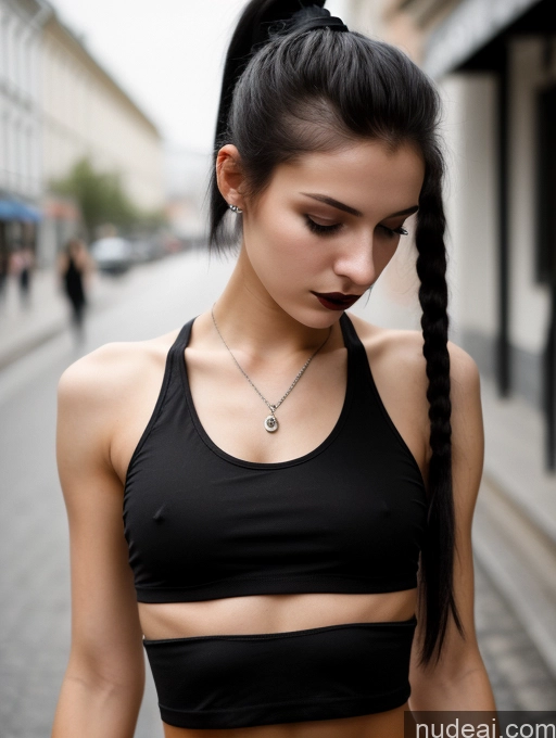 ai nude image of arafed woman with long black hair and a black top pics of Small Tits Beautiful Skinny 18 Black Hair Russian Street Close-up View Goth Tank Top Ponytail