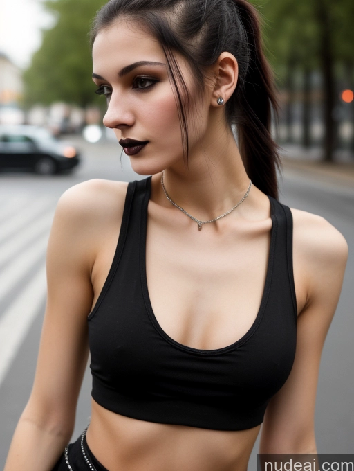 ai nude image of arafed woman in black top and black shorts on street pics of Small Tits Beautiful Skinny 18 Black Hair Russian Street Close-up View Goth Tank Top Ponytail