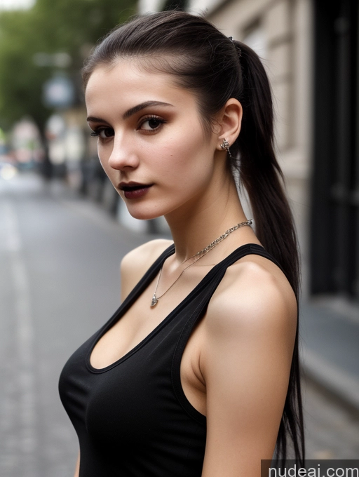 ai nude image of arafed woman with a black top and a necklace on a city street pics of Small Tits Beautiful Skinny 18 Black Hair Russian Street Close-up View Goth Tank Top Ponytail