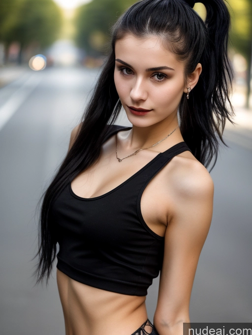 ai nude image of arafed woman with long black hair and a ponytail in a black top pics of Small Tits Beautiful Skinny 18 Black Hair Russian Street Close-up View Goth Tank Top Ponytail