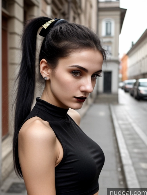 ai nude image of arafed woman with a ponytail and a black top on a city street pics of Small Tits Beautiful Skinny 18 Black Hair Russian Street Close-up View Goth Tank Top Ponytail