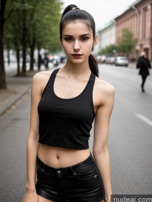 ai nude image of there is a woman standing on the street with a skateboard pics of Small Tits Beautiful Skinny 18 Black Hair Russian Street Close-up View Goth Tank Top Ponytail