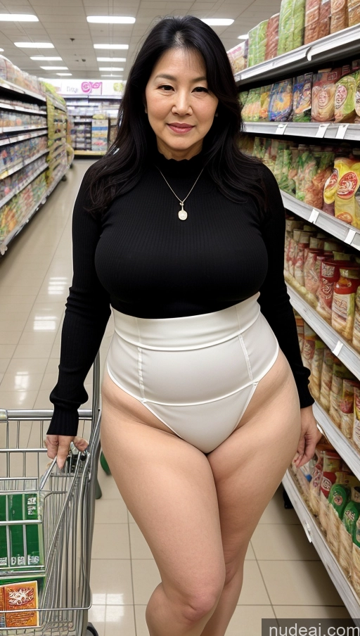 ai nude image of araffe woman in a black top and white panties standing in a grocery store pics of Milf Busty Big Hips Big Ass Pubic Hair Fairer Skin Black Hair 70s Korean Grocery Wearing Blackdresslora