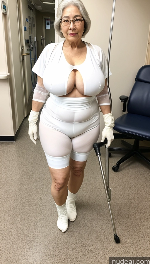 ai nude image of arafed woman in a white outfit with a cane and a white shirt pics of Milf Busty Big Hips Big Ass Pubic Hair Fairer Skin Black Hair 70s Korean Gloves Hospital