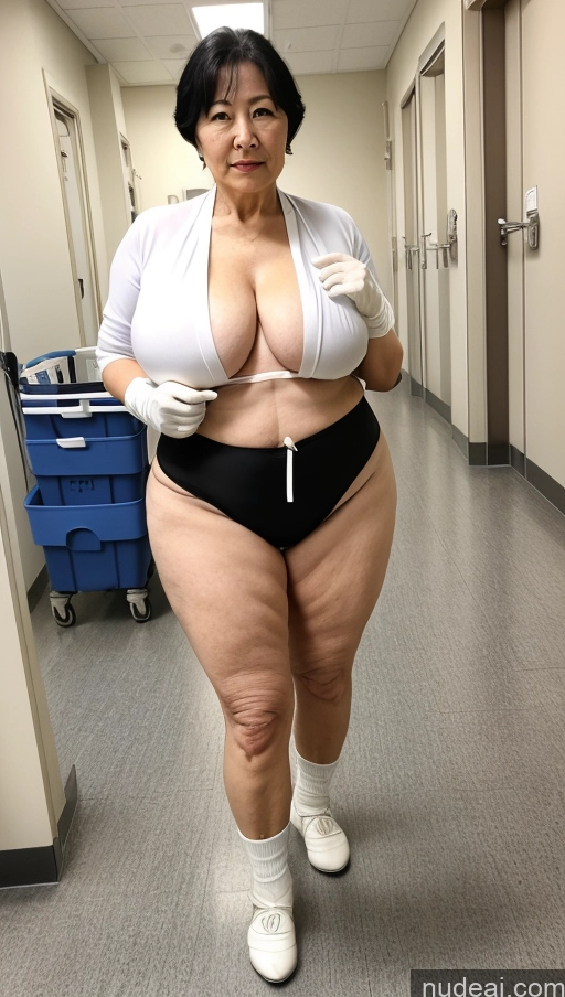 ai nude image of araffe woman in a white shirt and black panties standing in a hallway pics of Milf Busty Big Hips Big Ass Pubic Hair Fairer Skin Black Hair 70s Korean Gloves Hospital