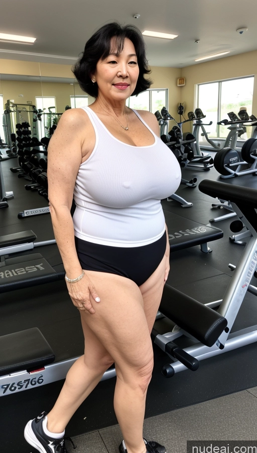 ai nude image of arafed woman in a white tank top and black shorts standing in a gym pics of Milf Busty Big Hips Big Ass Pubic Hair Fairer Skin Black Hair 70s Korean Gym 60s