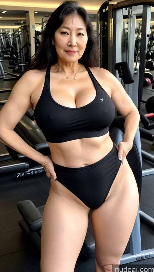 ai nude image of arafed woman in a black bikini posing in a gym pics of Milf Busty Big Hips Big Ass Pubic Hair Fairer Skin Black Hair 70s Korean Gym 70s