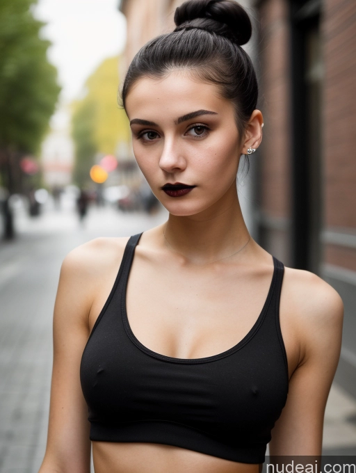 ai nude image of arafed woman with a black top and a black skirt on a city street pics of Small Tits Beautiful Skinny 18 Black Hair Russian Street Close-up View Goth Tank Top Hair Bun