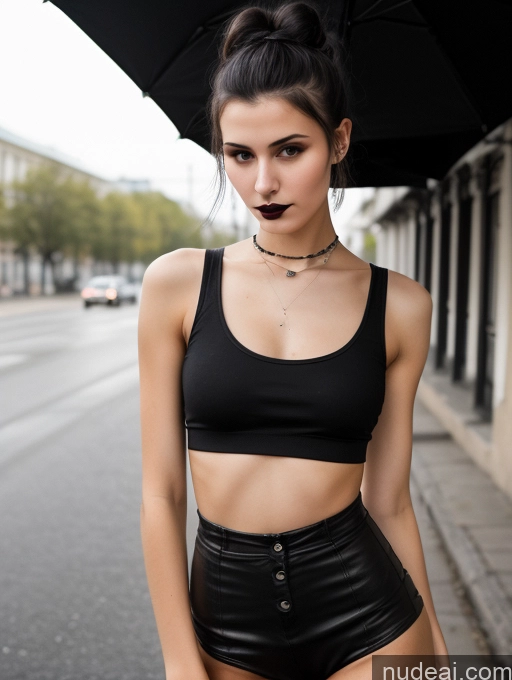 ai nude image of there is a woman in a black top and black shorts pics of Small Tits Beautiful Skinny 18 Black Hair Russian Street Close-up View Goth Tank Top Hair Bun