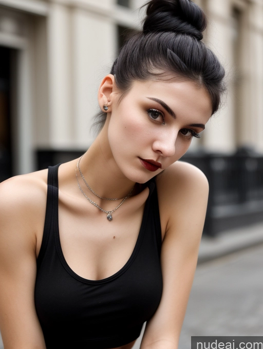 ai nude image of arafed woman in a black top and a necklace and a black top pics of Small Tits Beautiful Skinny 18 Black Hair Russian Street Close-up View Goth Tank Top Hair Bun