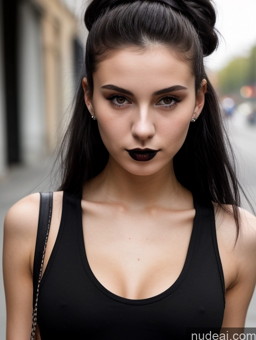 ai nude image of arafed woman with black lipstick and a black top pics of Small Tits Beautiful Skinny 18 Black Hair Russian Street Close-up View Goth Tank Top Hair Bun