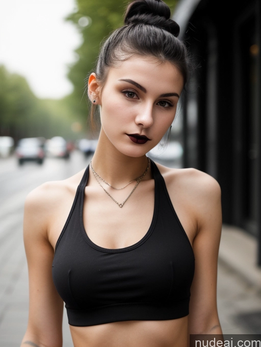 ai nude image of arafed woman with a black top and a black skirt pics of Small Tits Beautiful Skinny 18 Black Hair Russian Street Close-up View Goth Tank Top Hair Bun