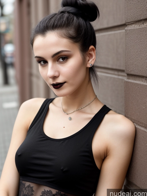 ai nude image of arafed woman with a black top and a black top and a black skirt pics of Small Tits Beautiful Skinny 18 Black Hair Russian Street Close-up View Goth Tank Top Hair Bun