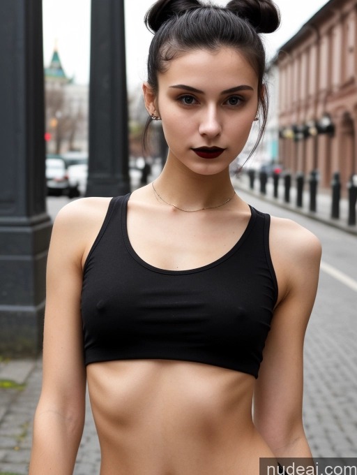 ai nude image of arafed woman in a black top and black shorts on a city street pics of Small Tits Beautiful Skinny 18 Black Hair Russian Street Close-up View Goth Tank Top Hair Bun