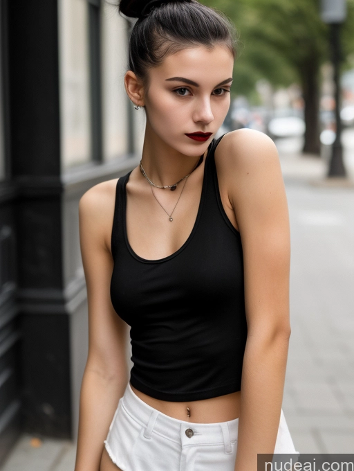 ai nude image of arafed woman in a black top and white shorts on a city street pics of Small Tits Beautiful Skinny 18 Black Hair Russian Street Close-up View Goth Tank Top Hair Bun