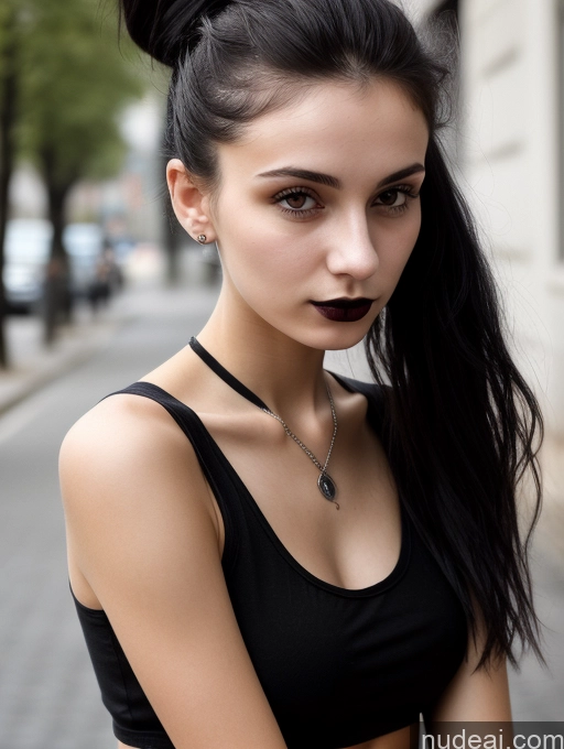 related ai porn images free for Small Tits Beautiful Skinny 18 Black Hair Russian Street Close-up View Goth Tank Top Hair Bun