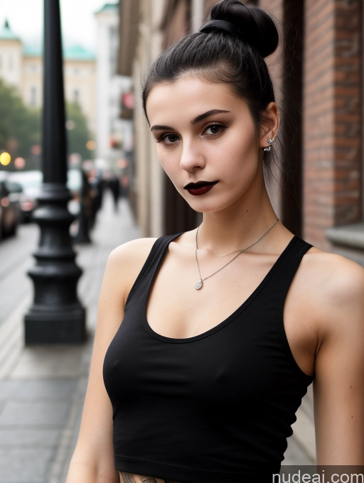 ai nude image of there is a woman with a black top and a tattoo on her arm pics of Small Tits Beautiful Skinny 18 Black Hair Russian Street Close-up View Goth Tank Top Hair Bun